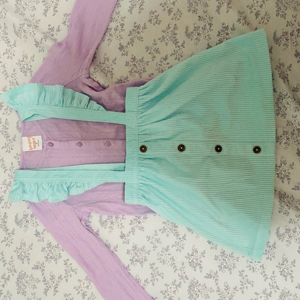 Pastel Mint Suspender Skirt with Lavender Ruffle Cardigan